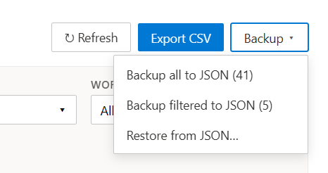 Time Reports header — Backup menu with full / filtered / restore options