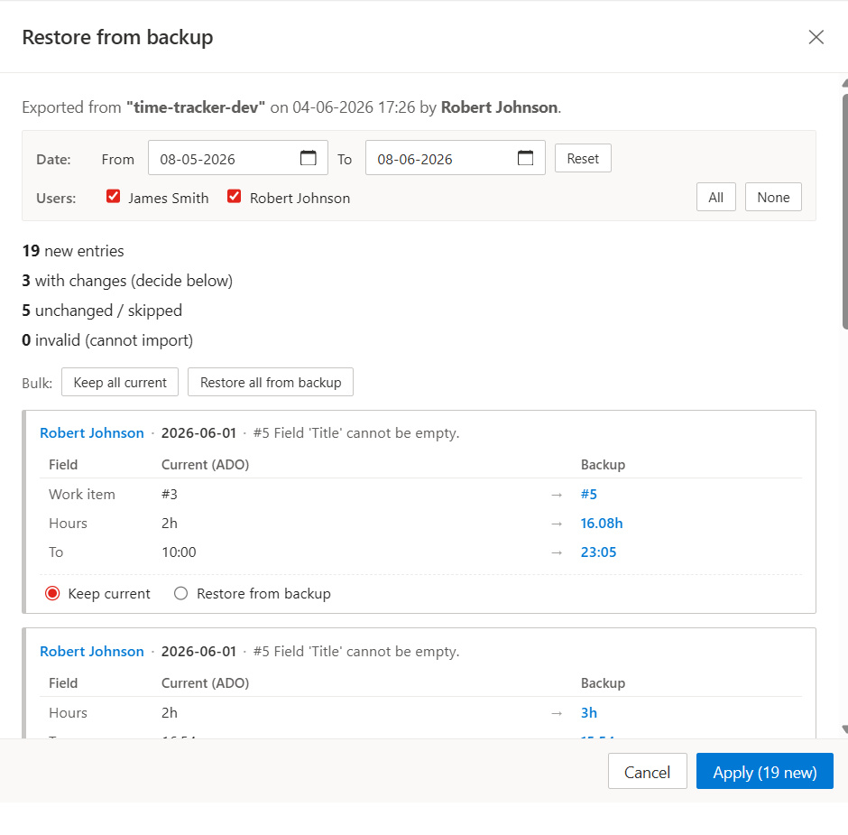 Restore from backup preview — conflict resolution + selectable new entries
