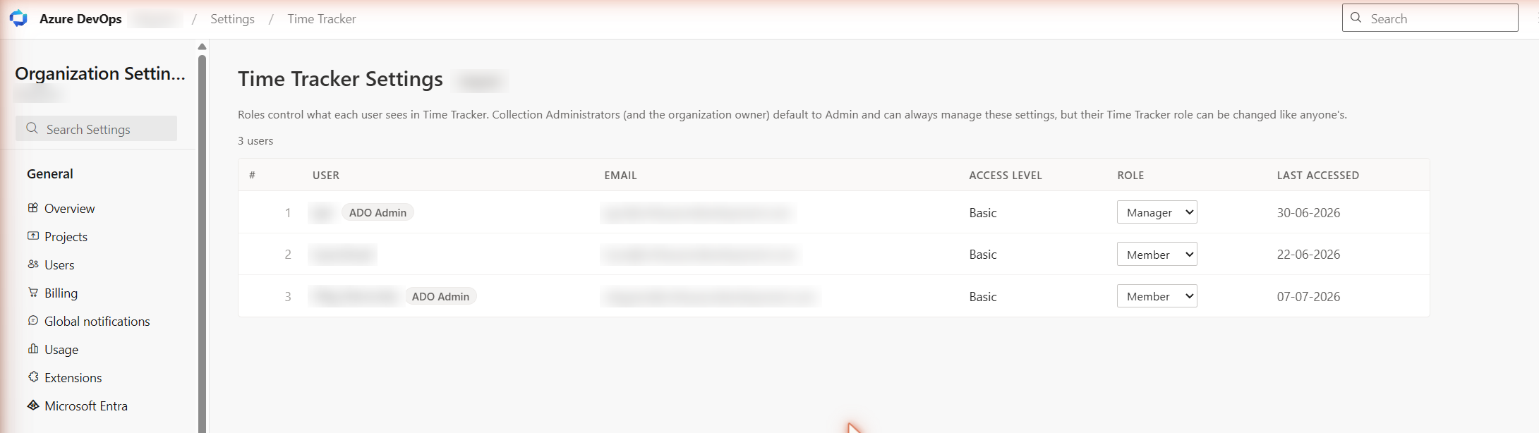 Organization Settings → Time Tracker — per-user role assignments with ADO Admin badges